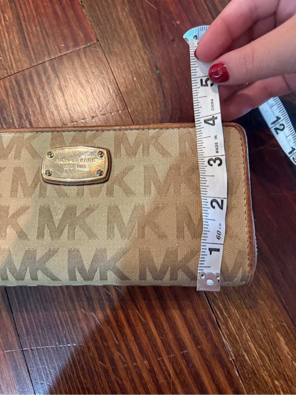Michael Kors Tan Beige MK Logo Wristlet Wallet with Gold Plate